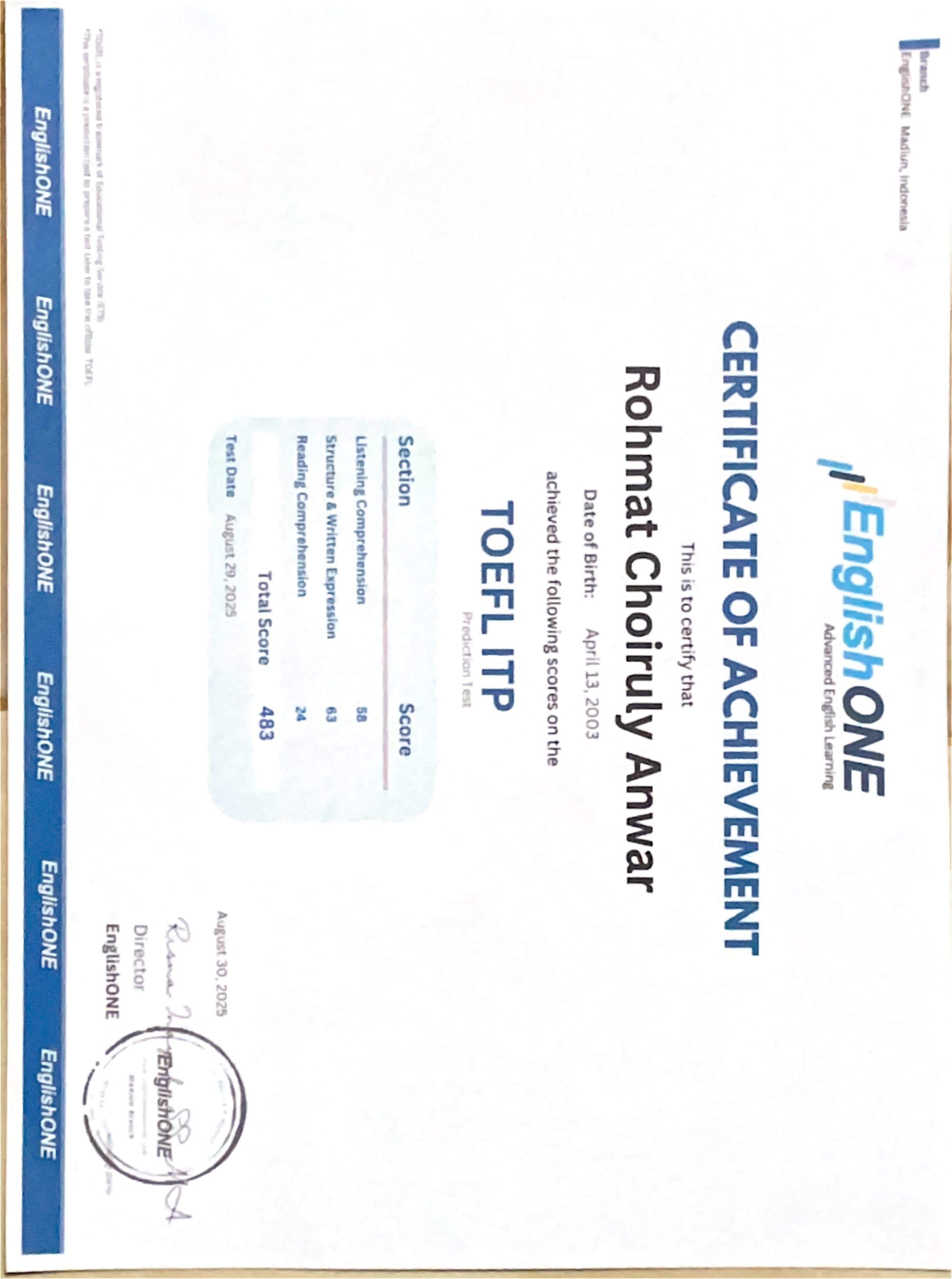 TOEFL Certificate